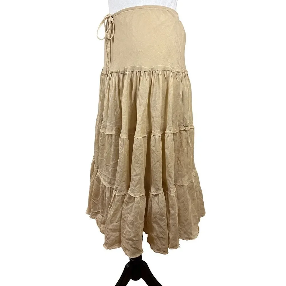 Express Tiered Silk & Cotton Skirt | Beaded Tie Waist | Size Medium | NWT